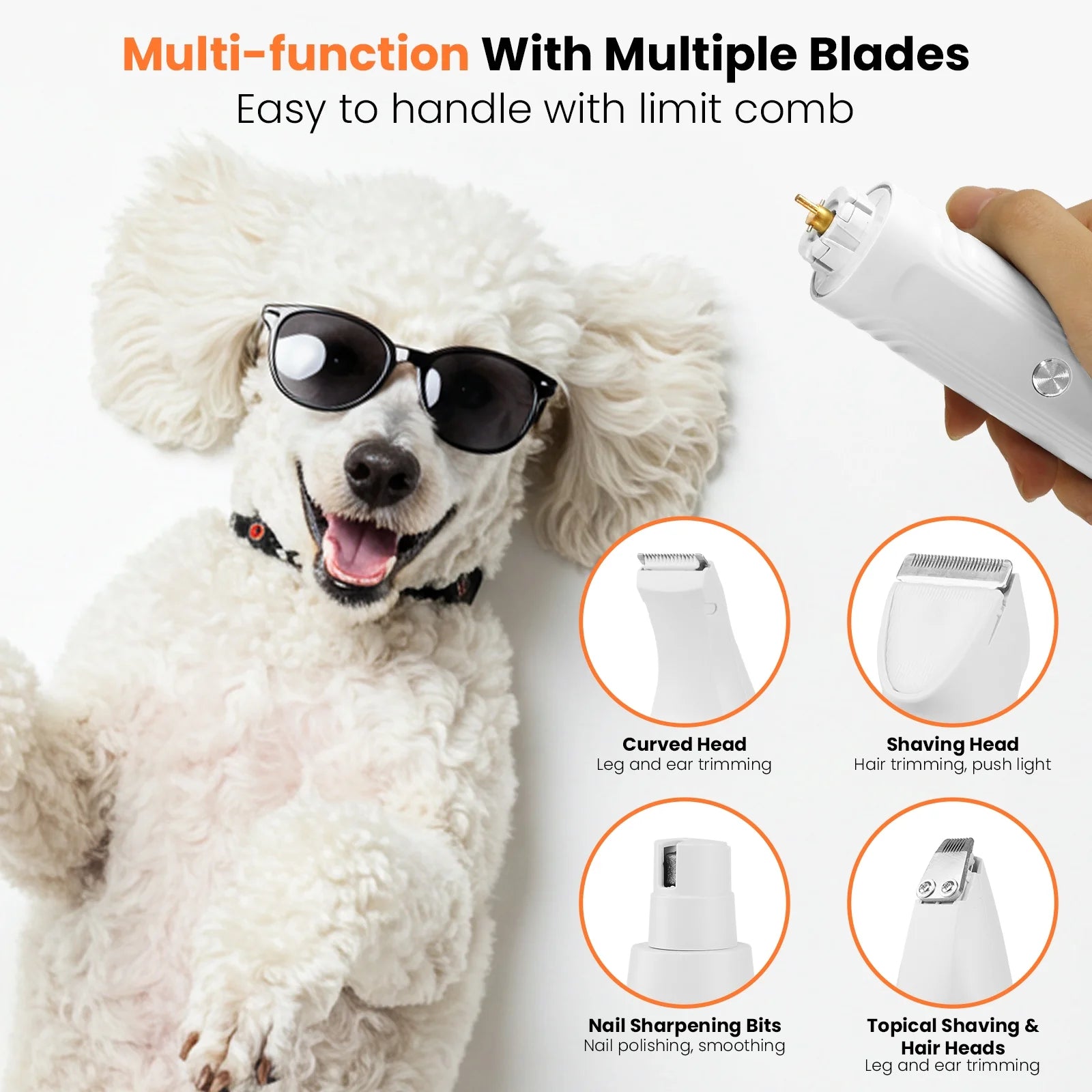 Dog Hair Clippers, Dog Grooming Kit for Thick Hair, Low Noise Dog Shaver Clipper with 4 Comb Guides, White